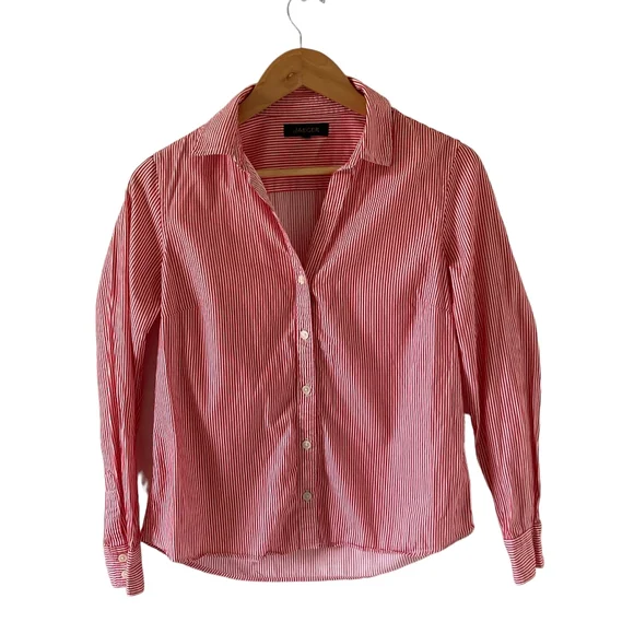 1980s Vintage Jaeger Red and White Fine Striped Fitted Collared Blouse UK Sz 10 - Picture 1 of 15
